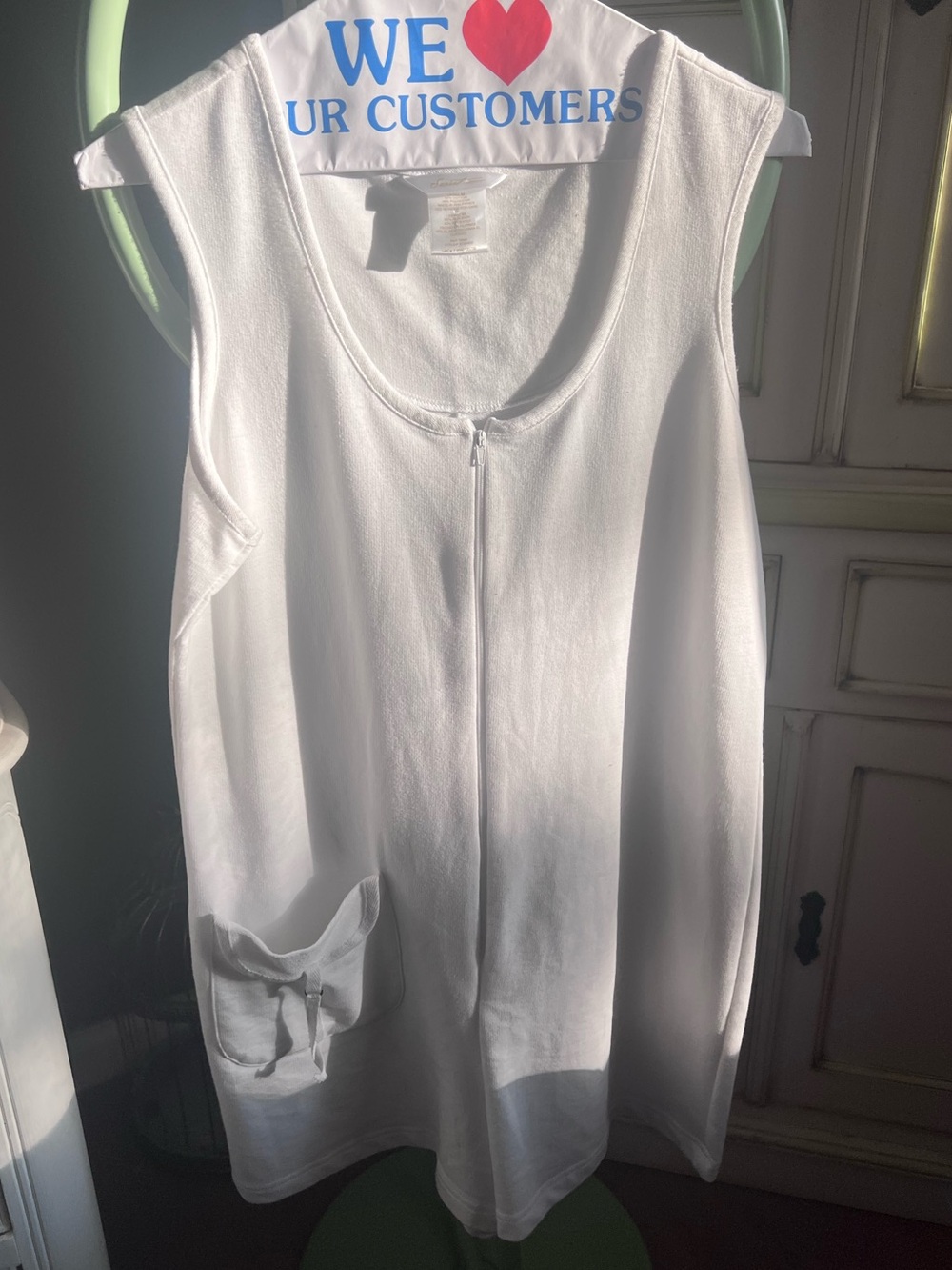 White Sleeveless Zip-Front Terry Romper with Accented Pocket